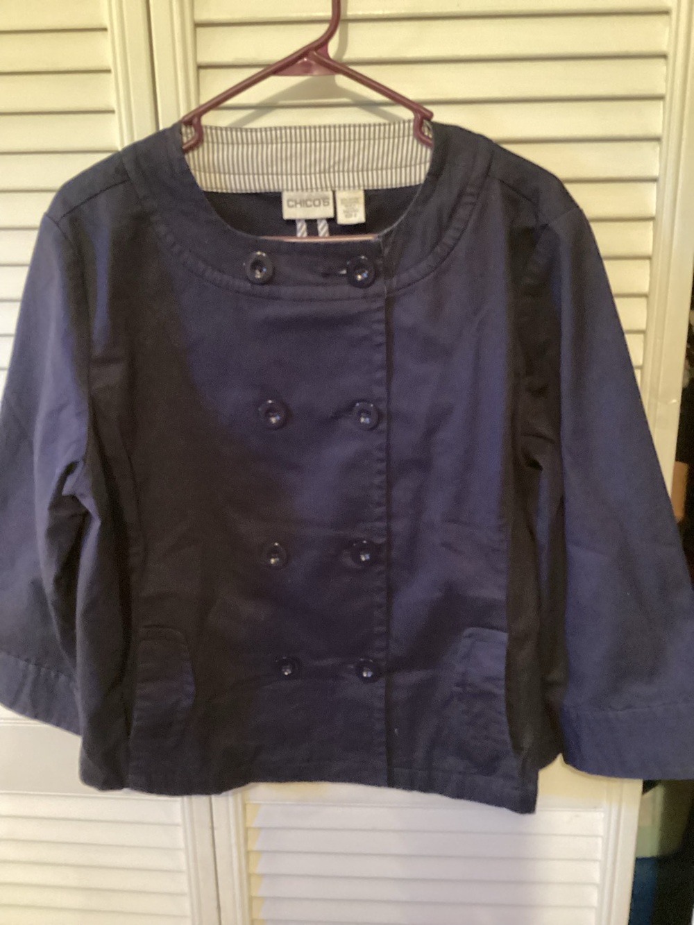 Chico’s ladies navy blue double breasted jacket, size 2 or medium
